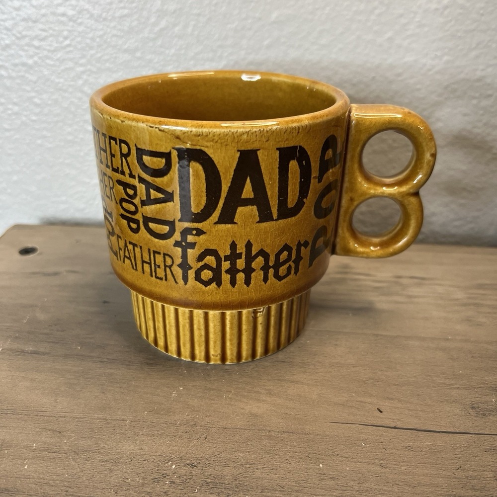 Vintage 70's Dad Father Pop Mug Cup Brown Glazed Stoneware Japan‎ Double Handle